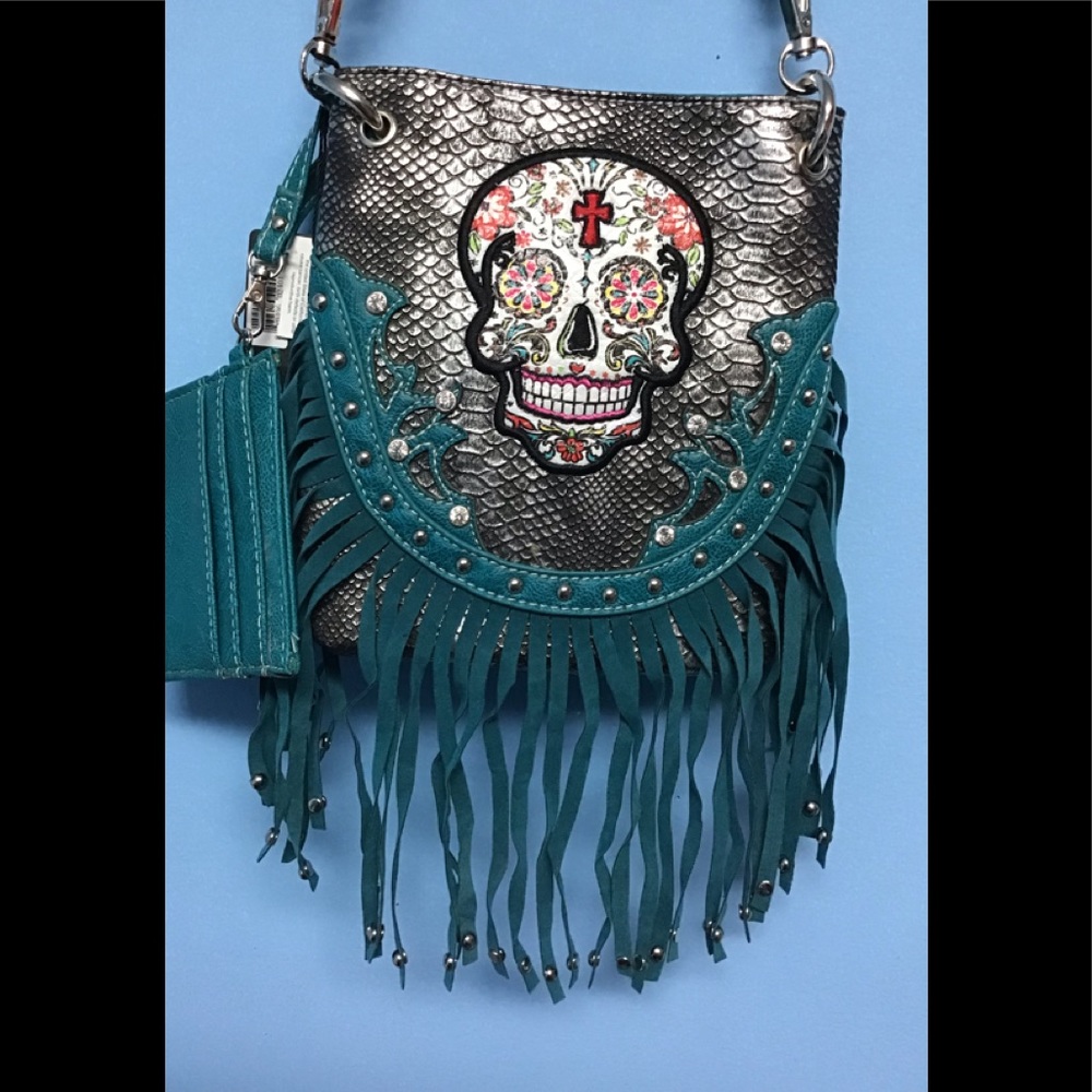 New small turquoise fringe bag & credit card holder wallet
